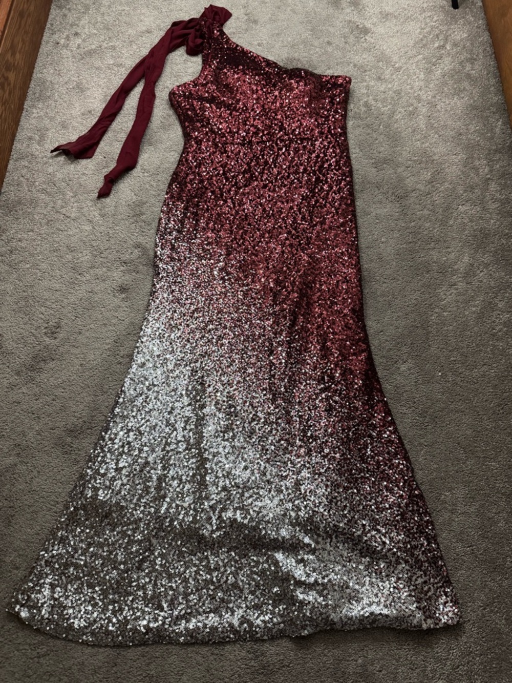 Angel Fashions Sequin Ombre One Shoulder Gown Red Silver Formal SIZE XXL